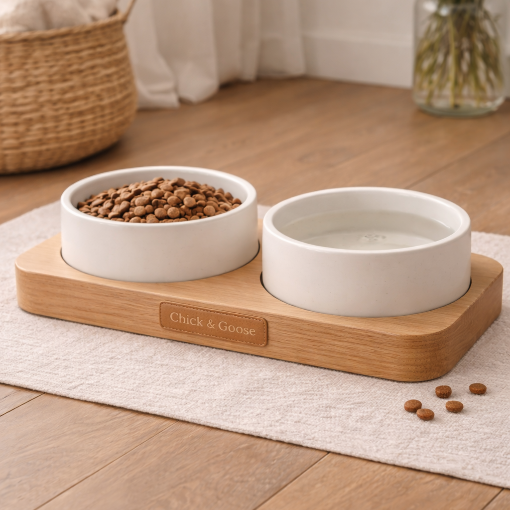 Modern dog feeding bowls on stand with Chick & Goose logo
