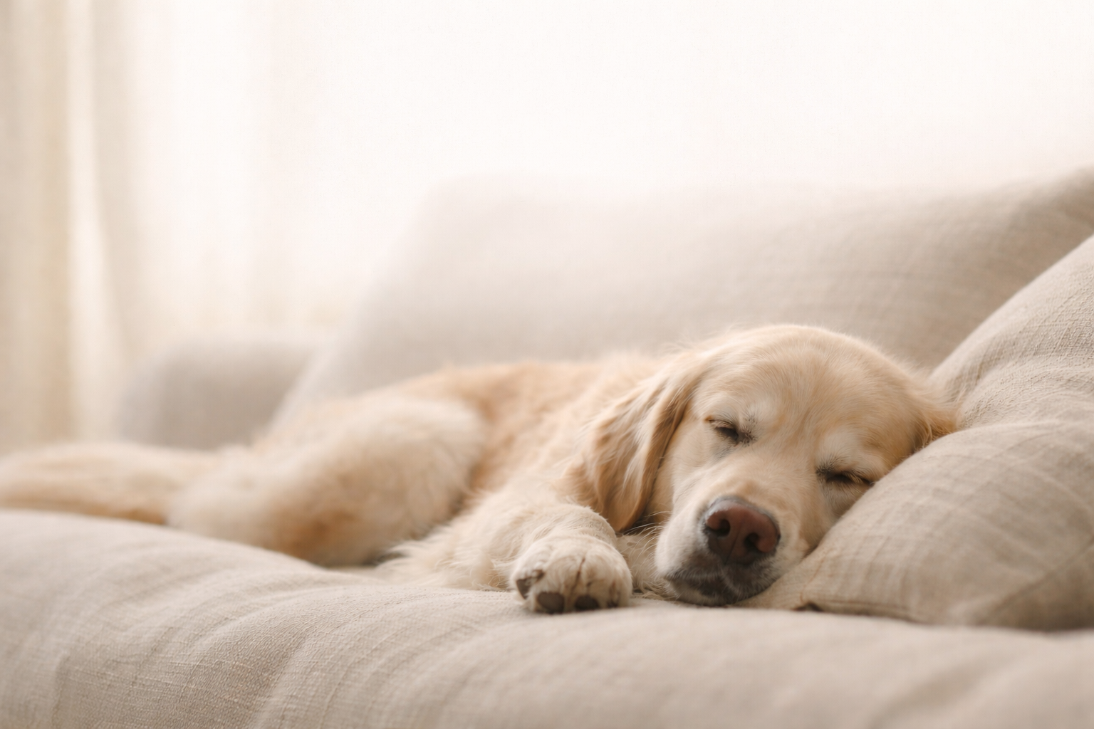 Sleeping golden retriever puppy on a beige couch