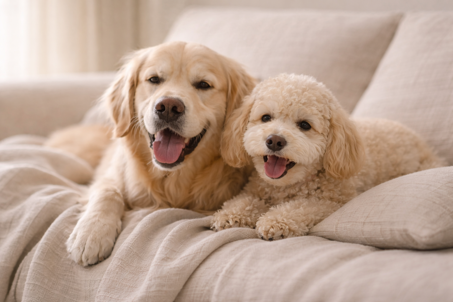Two dogs, a golden retriever and a poodle, sitting on a couch together.