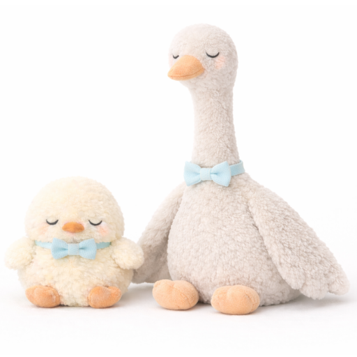 Two plush dog toys, a goose and a duck, wearing blue bow ties on a white background.