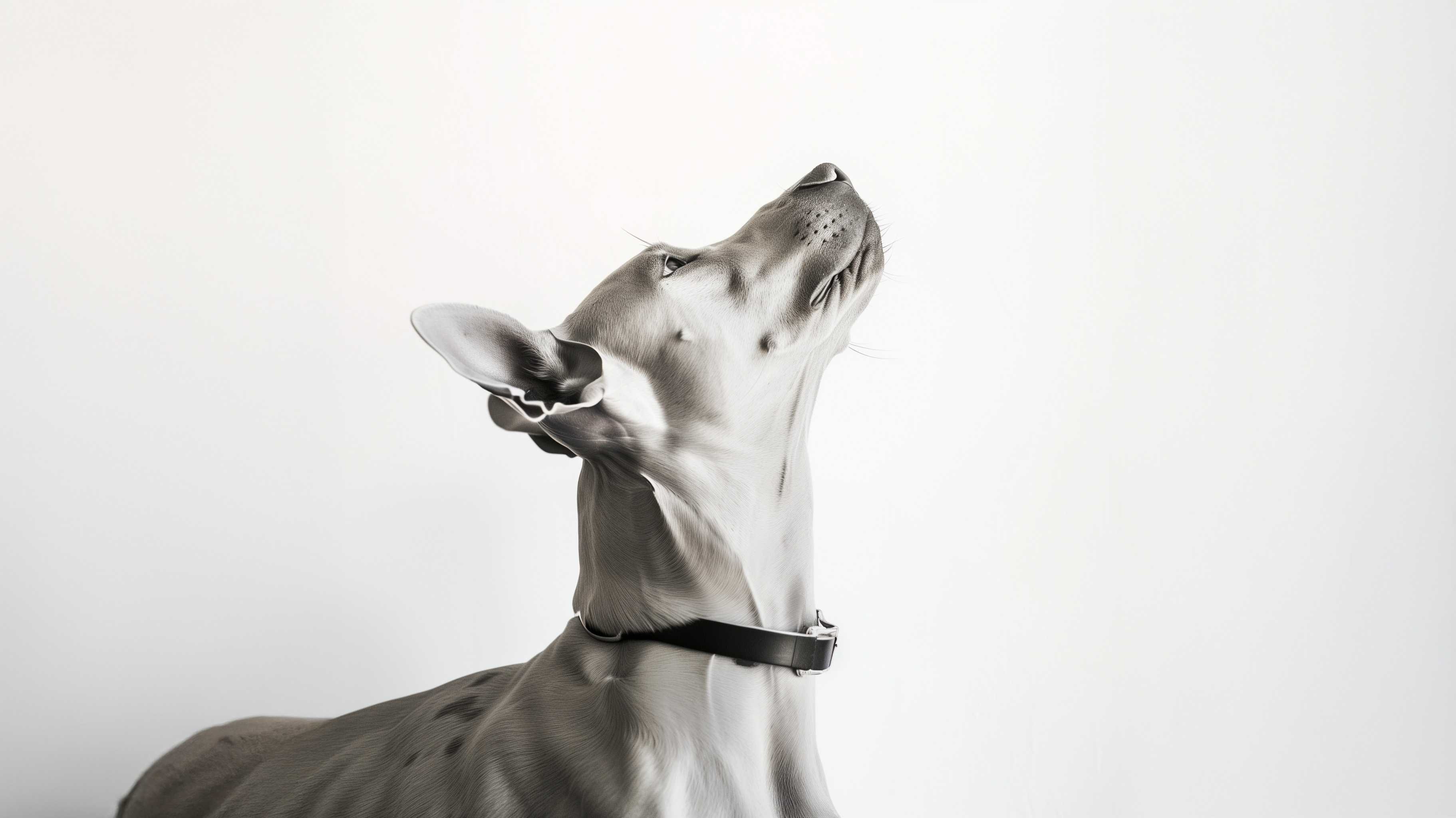 Dog looking up with leather collar