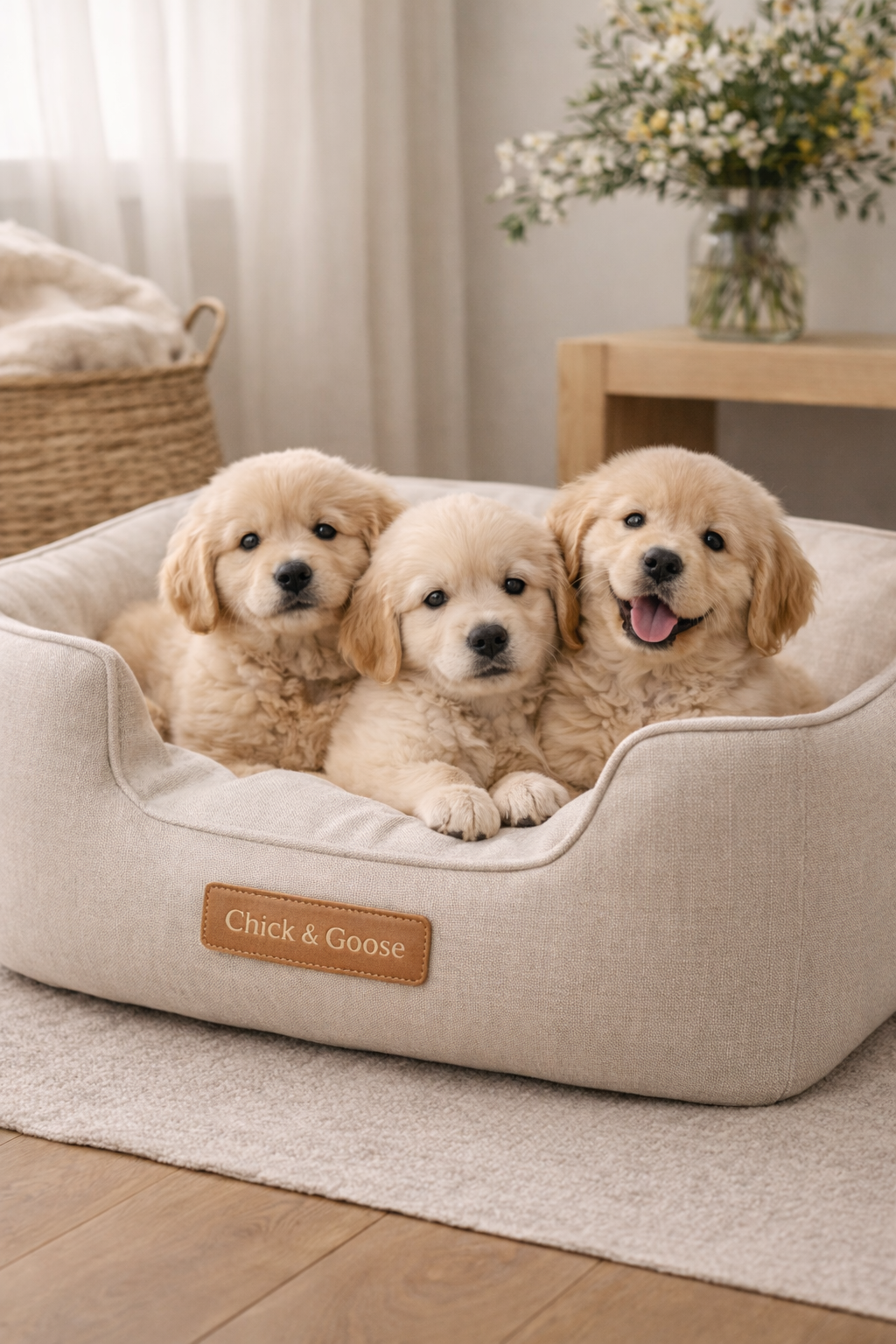 Three puppies on a beige pet bed with 'Chick & Goose' label in a home setting.