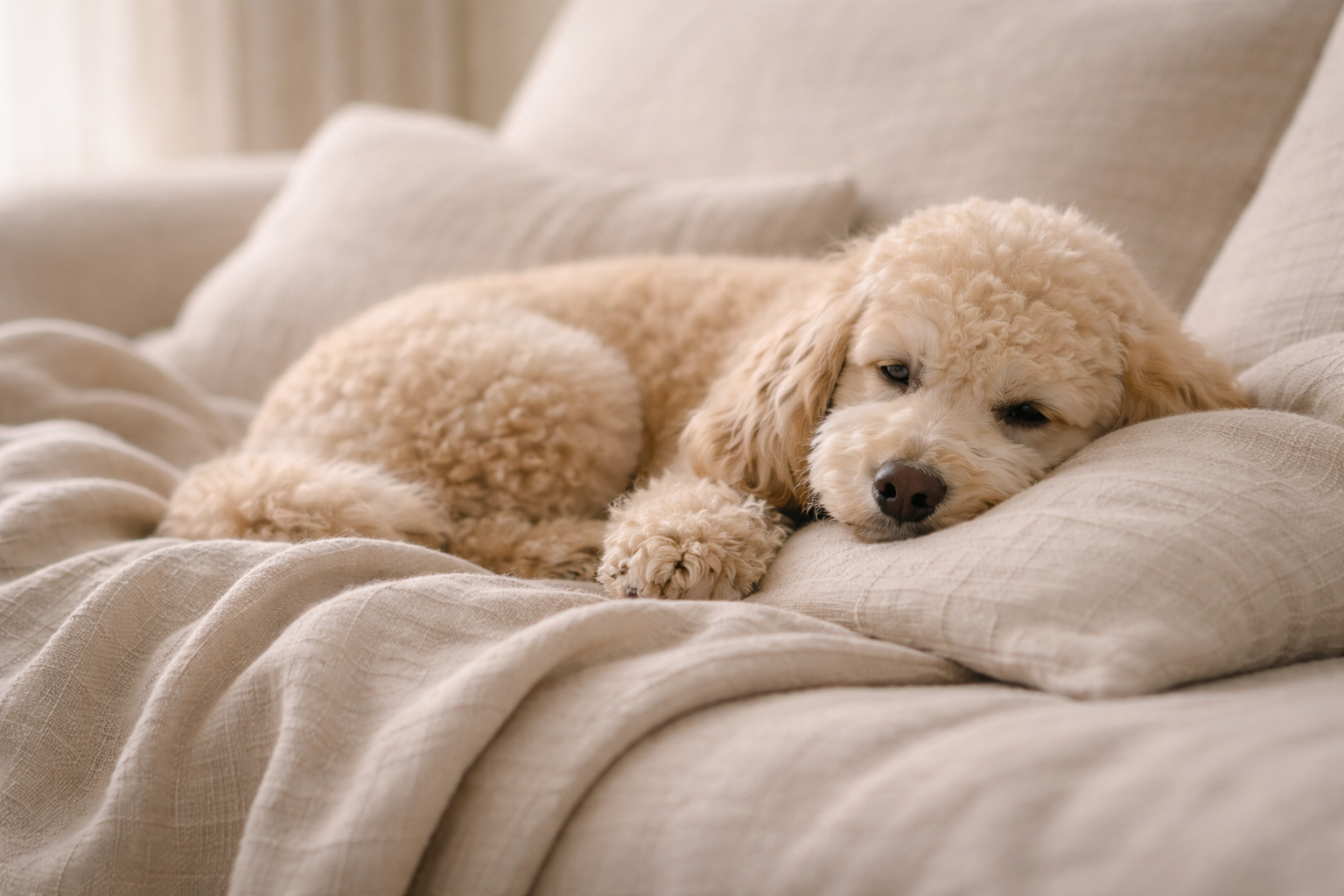 Fluffy dog lying on a beige couch with a blanket